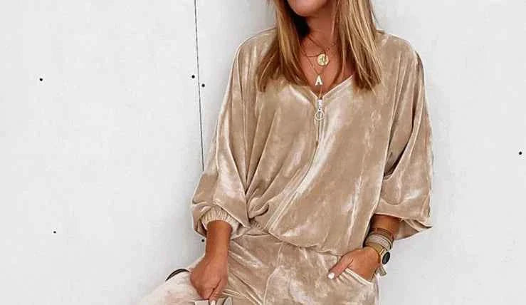 Golden Velvet Jogger Set - Long-sleeved Zipper Casual 2 Piece Loungewear
