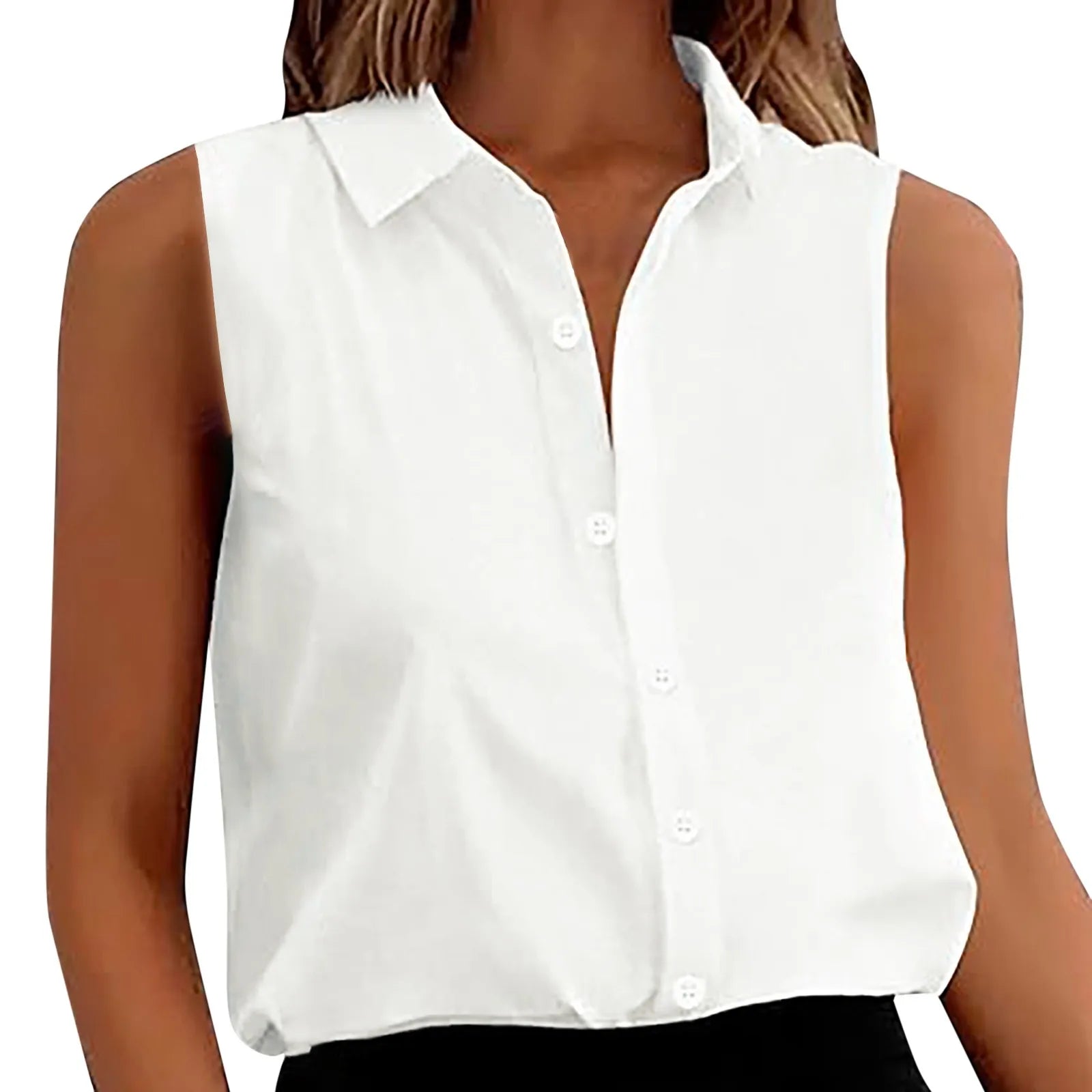 Sleeveless V-Neck Blouse - Button-Down Chiffon Tank Top