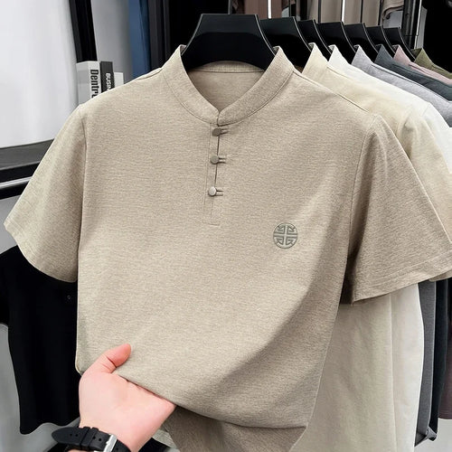 Mens Big And Tall Stand Collar Henley Shirt Short Sleeve Loose Fit