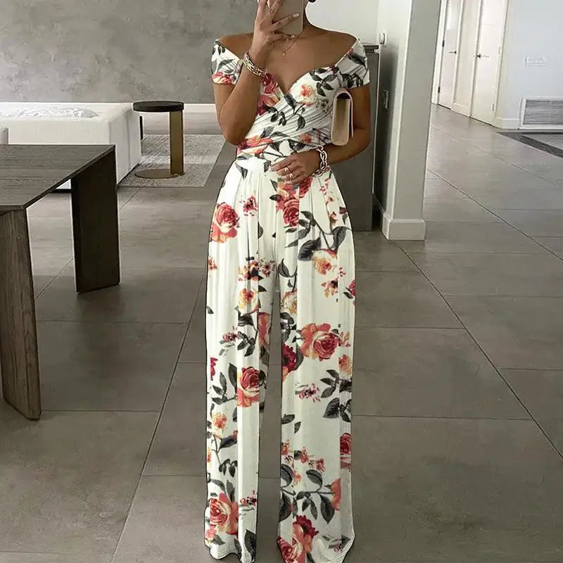 Women's Printed Off-Shoulder High Waist Jumpsuit – Sleeveless Casual One-Piece | 6 Colors