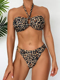 Leopard Print High-Waisted Bikini Set - Hollow Out