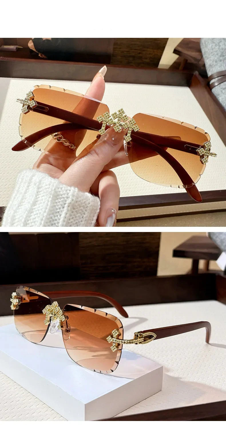 Vintage Rimless Square Cutting Lens Women Men Luxury Brand Designer Sunglasses Popular Punk Diamond Cross Sun Glasses UV400