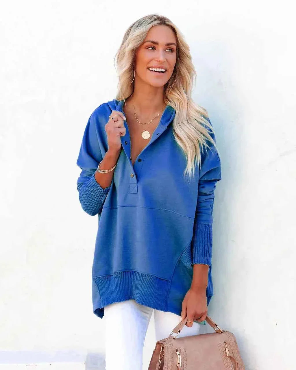 White Hooded Women's Sweatshirt - Casual Batwing Sleeve Pullover