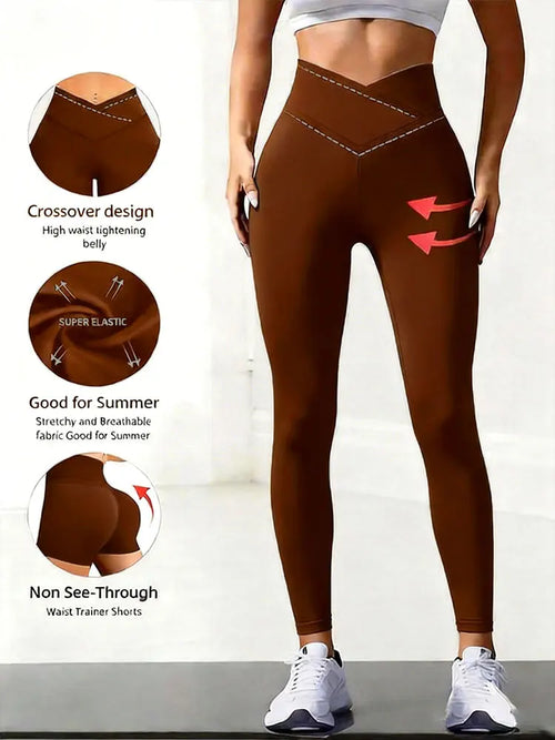Solid Color Front Cross Waist Sports Pants Elastic Breathable Yoga