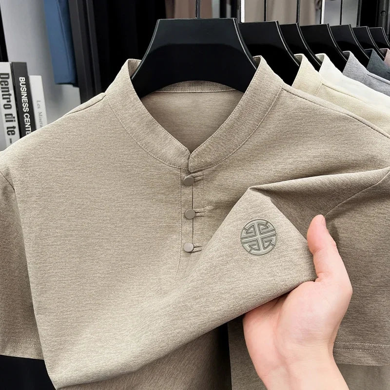 Mens Big And Tall Stand Collar Henley Shirt Short Sleeve Loose Fit