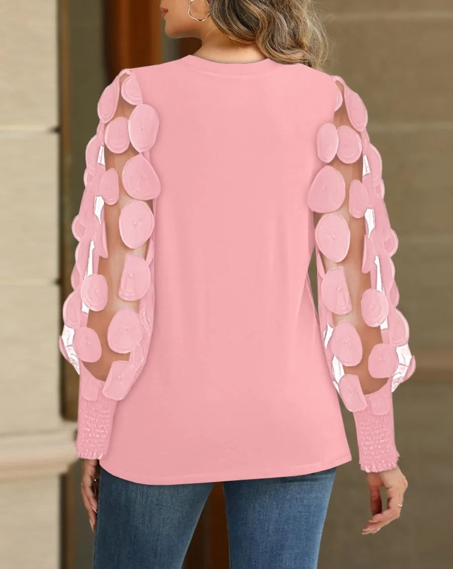 Women Fashion Mesh long Sleeve Round Neck Loose Blouse