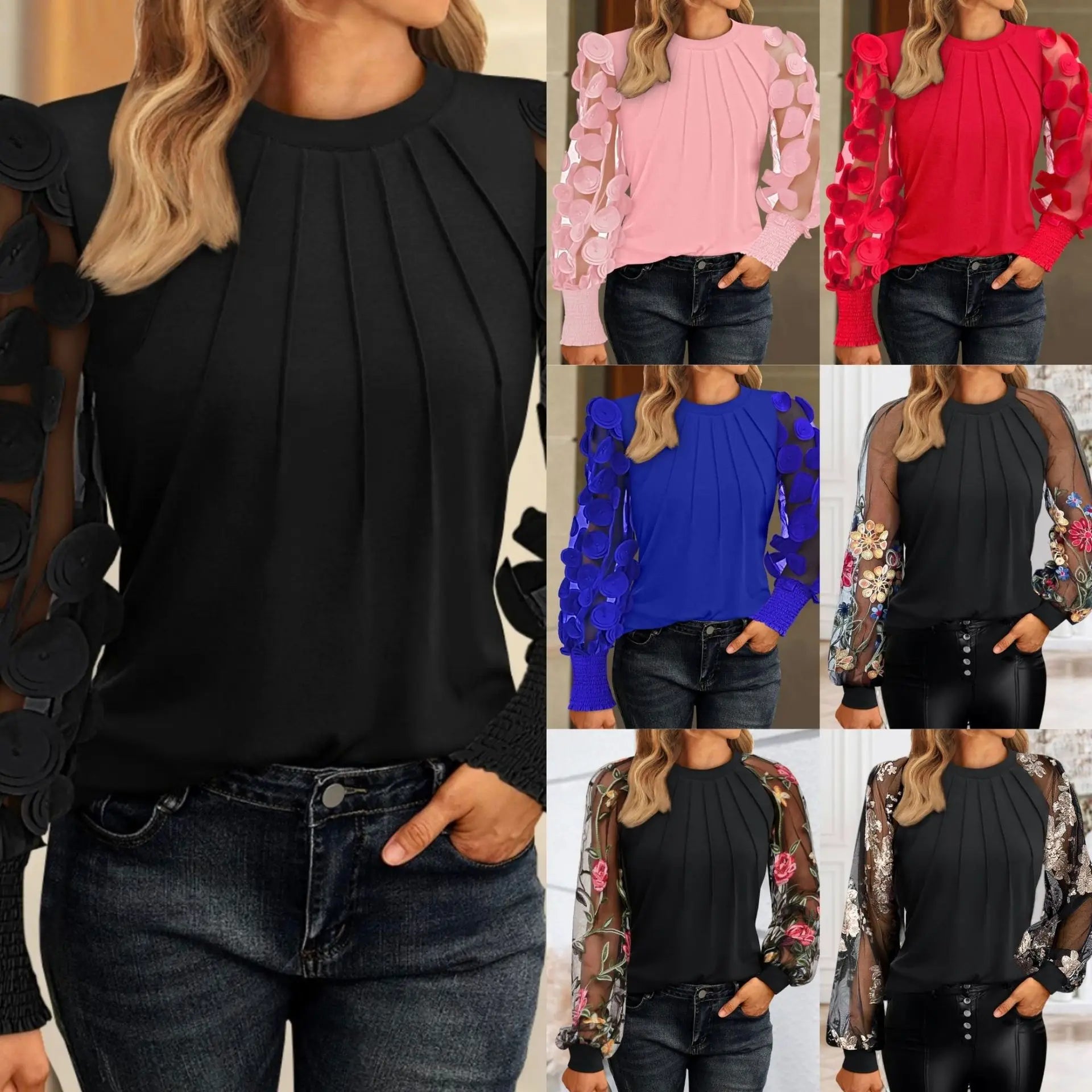 Women Fashion Mesh long Sleeve Round Neck Loose Blouse
