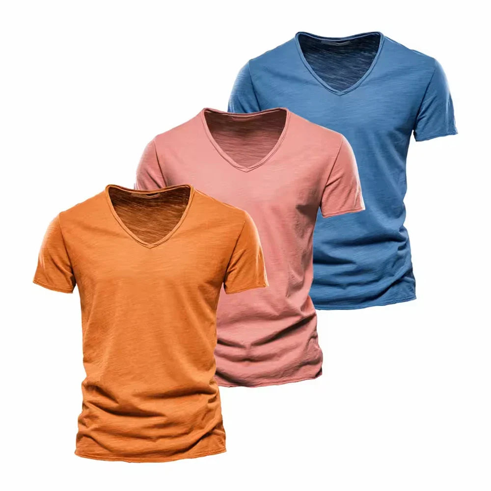 S-5XL 100% Cotton Men's T-Shirts Fashion Design V-neck Casual Slim Fit
