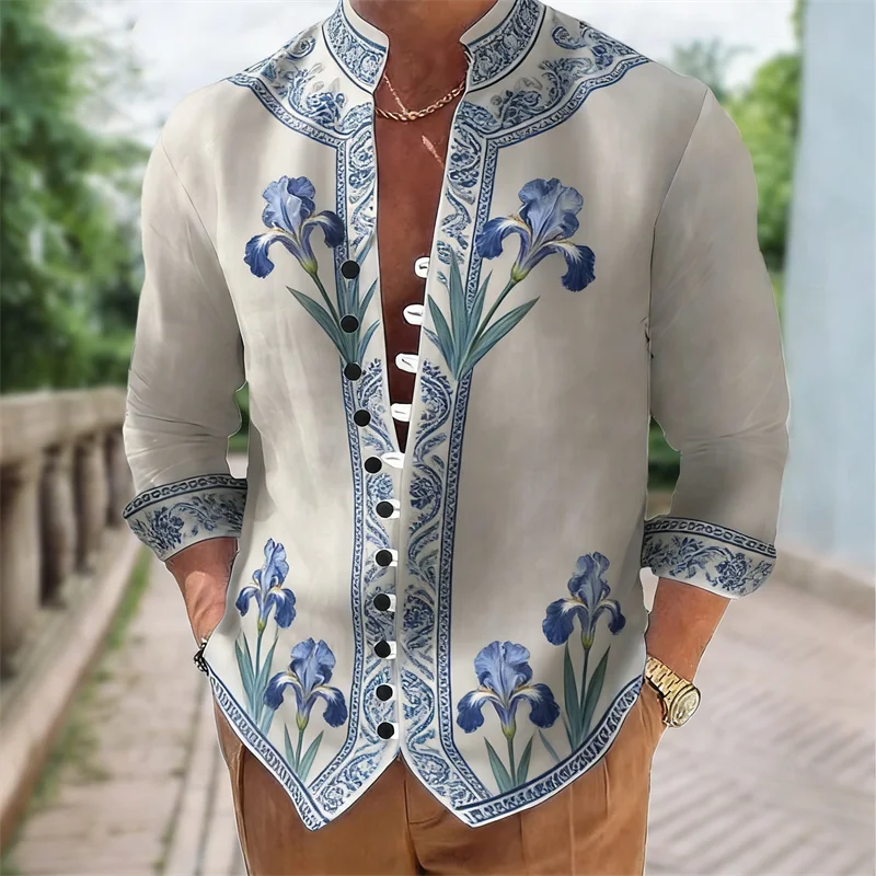 Men's long sleeved shirt with Harajuku style 3D flower print