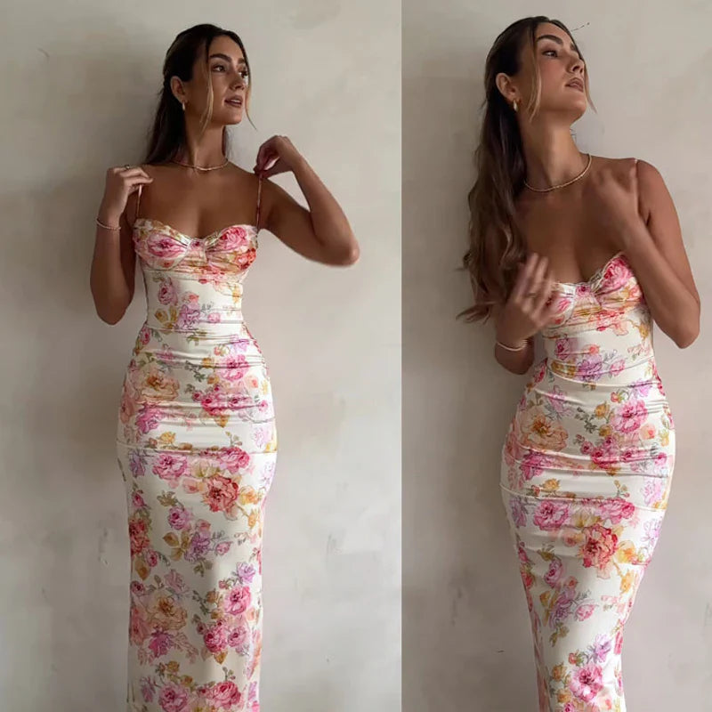 Summer Floral Suspender Split Slim Sleeveless Party Beach Style Spaghetti Strap Dress