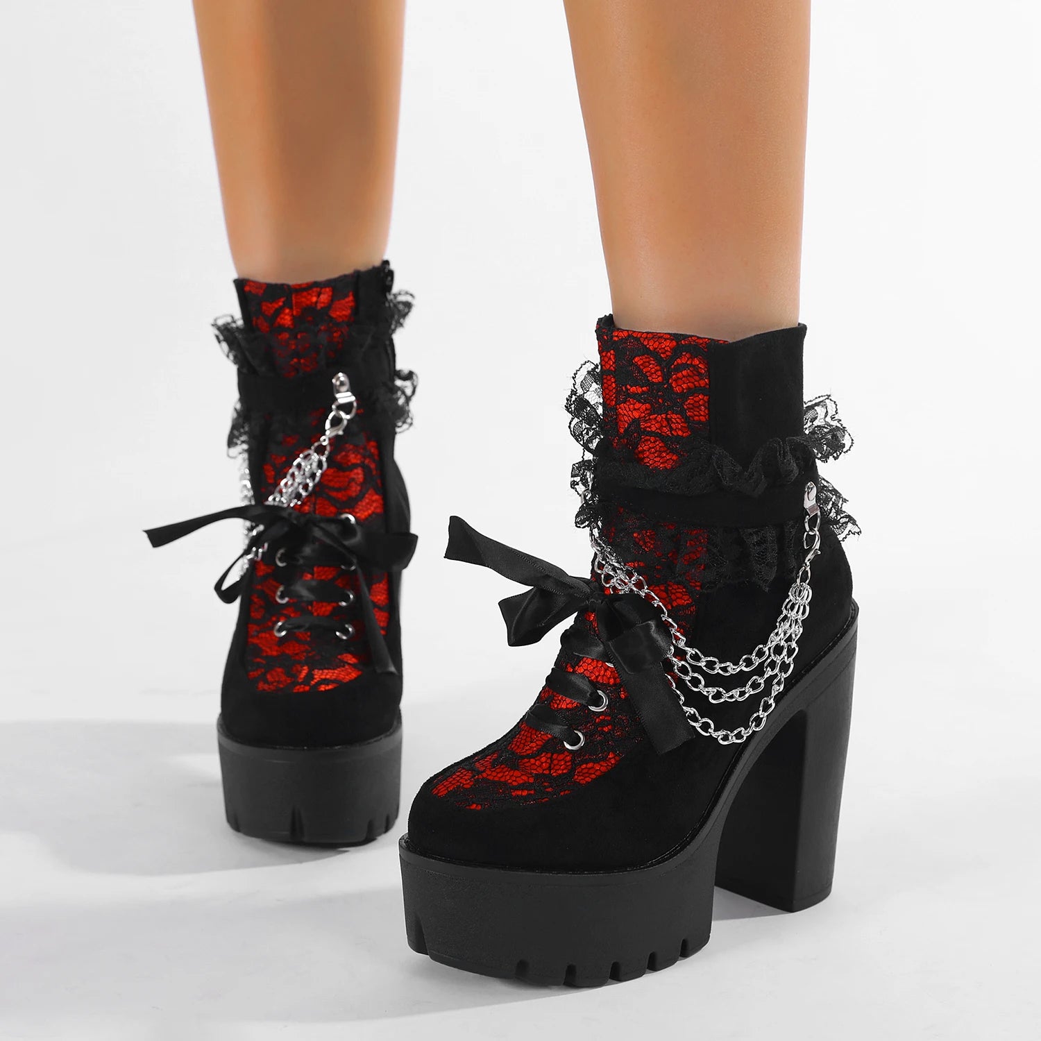 Gdgydh Vintage Gothic Lace Ankle Boots for Women Chunky Heel Side