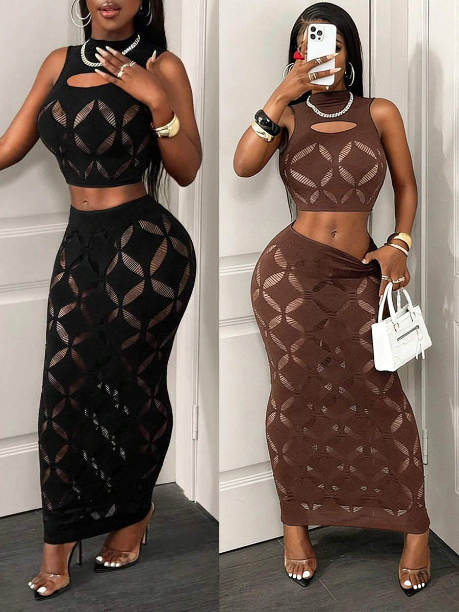 FHSEER Plus Size 2PCS Women's Sexy Set See Through Mesh Hollow Out