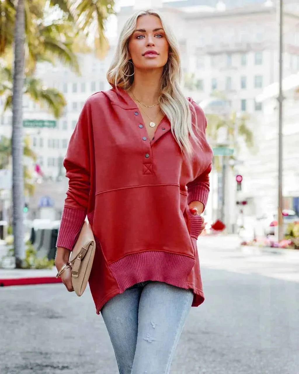 White Hooded Women's Sweatshirt - Casual Batwing Sleeve Pullover