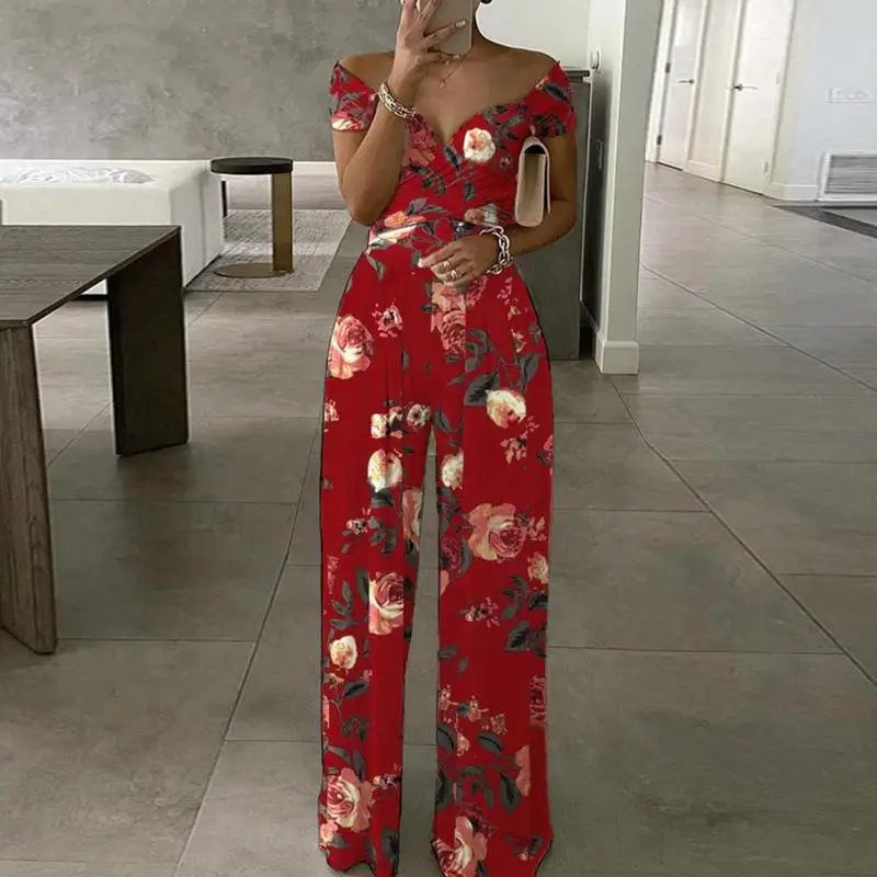 Women's Printed Off-Shoulder High Waist Jumpsuit – Sleeveless Casual One-Piece | 6 Colors