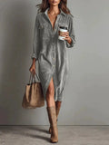 Corduroy Maxi Shirt Dress - Long Sleeve Lapel