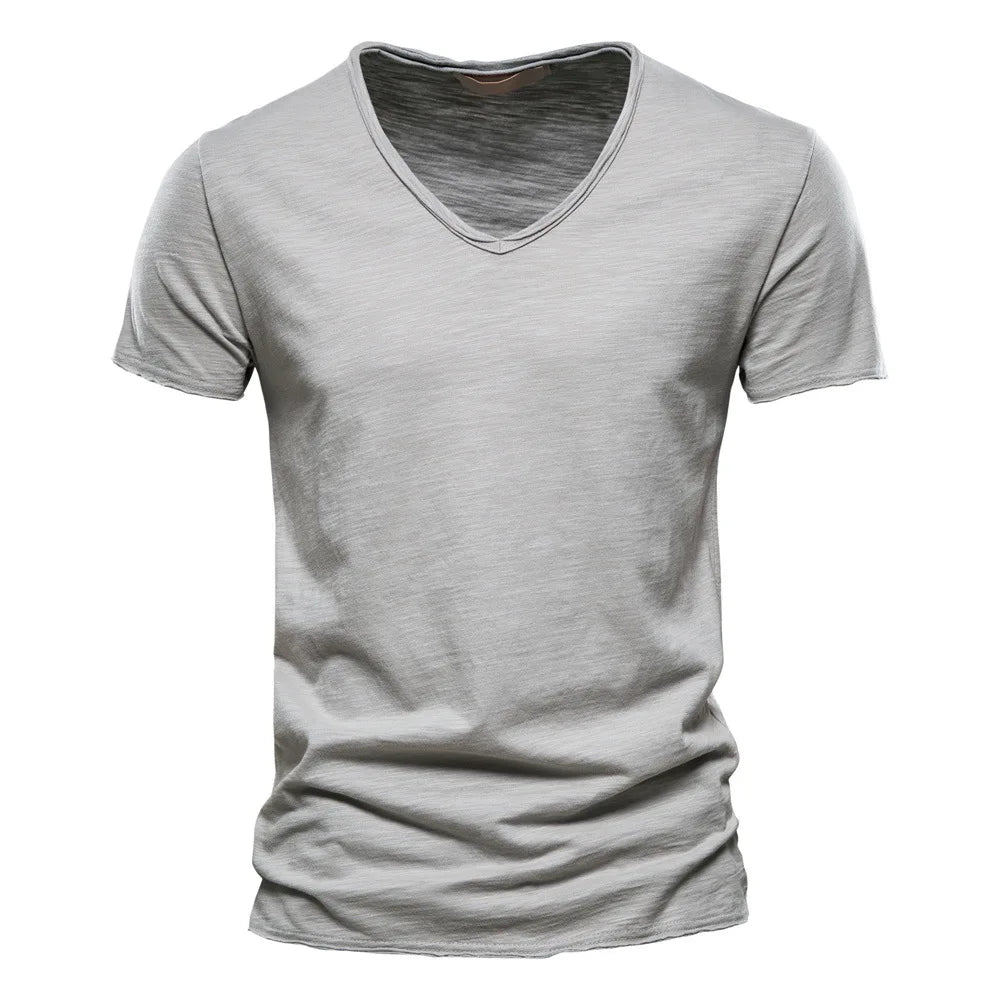 S-5XL 100% Cotton Men's T-Shirts Fashion Design V-neck Casual Slim Fit