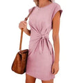 Dress Women Summer O-neck Short Sleeve Asymmetrical Lace Up Waist Solid Color Dresses 2022 Casual Vestidos Dropshipping JQMY9675
