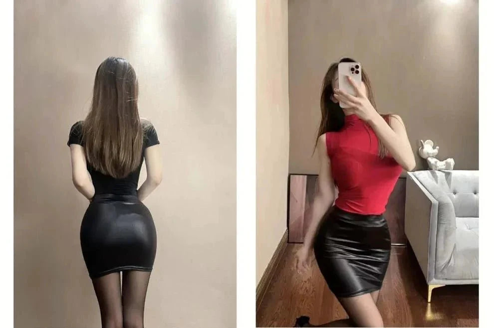 Mandotos Black Imitation Leather Pencil Mini Skirt High Waist Korean Fashion Women Wholesale Summer