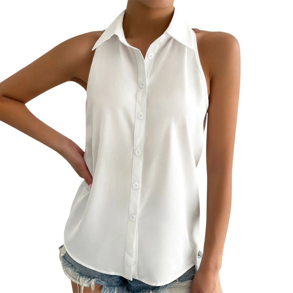 Sleeveless V-Neck Blouse - Button-Down Chiffon Tank Top