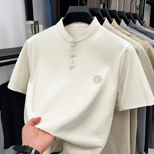 Mens Big And Tall Stand Collar Henley Shirt Short Sleeve Loose Fit