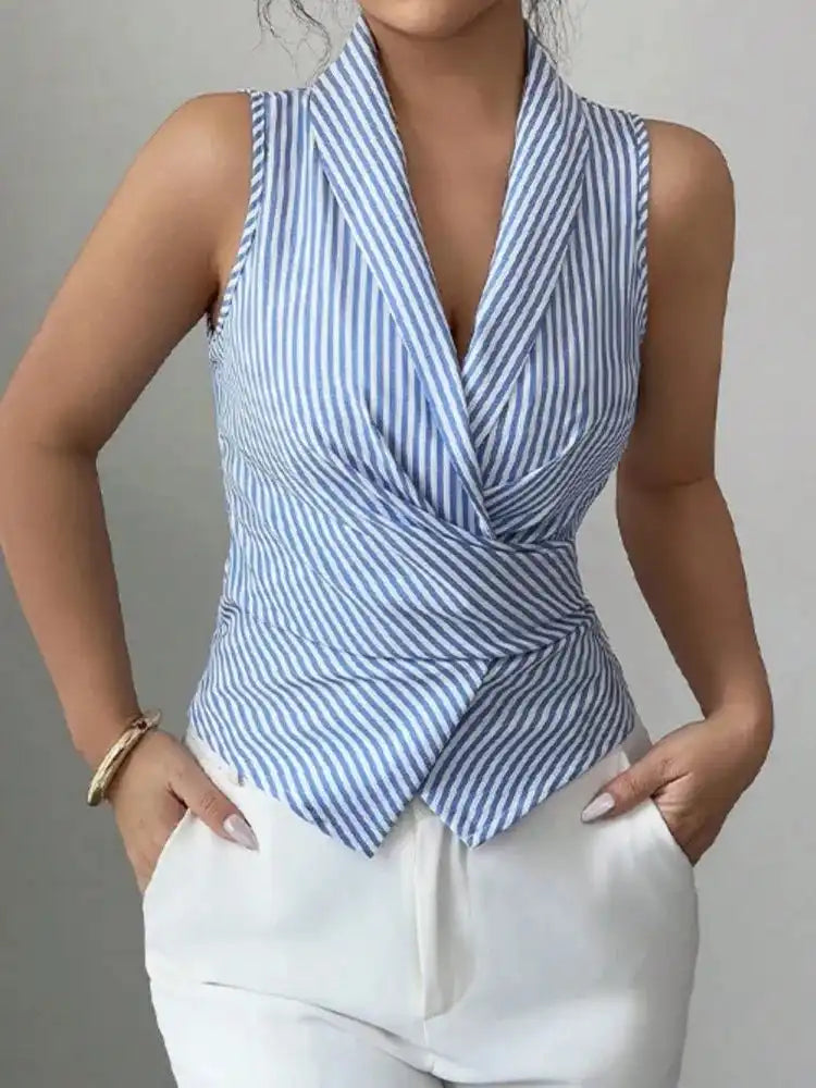 Striped V-Neck Sleeveless Blouse