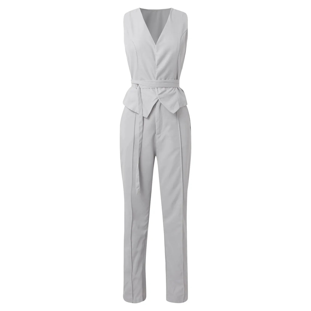 2-Piece Pantsuit Set - V-Neck Top and Trousers