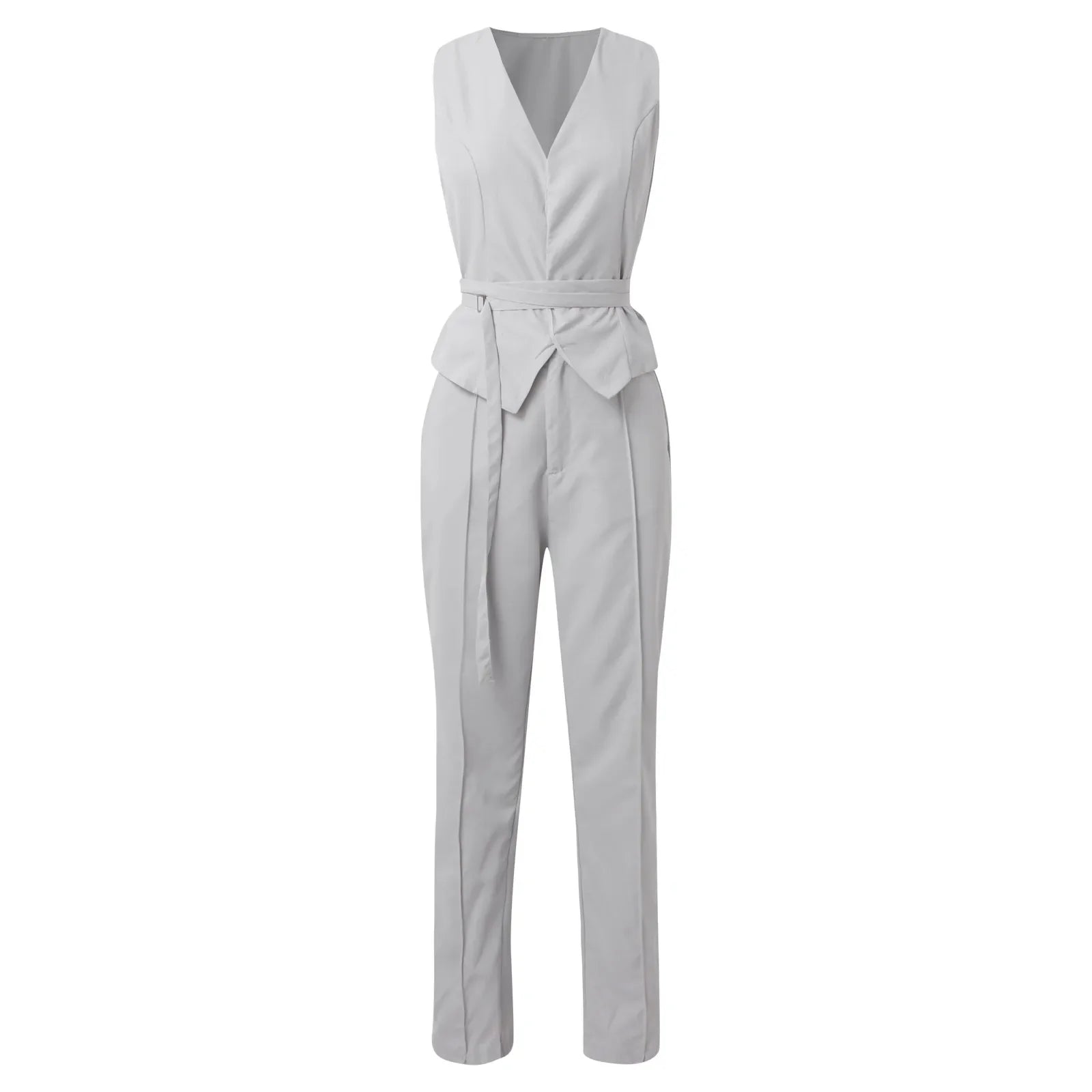 2-Piece Pantsuit Set - V-Neck Top and Trousers