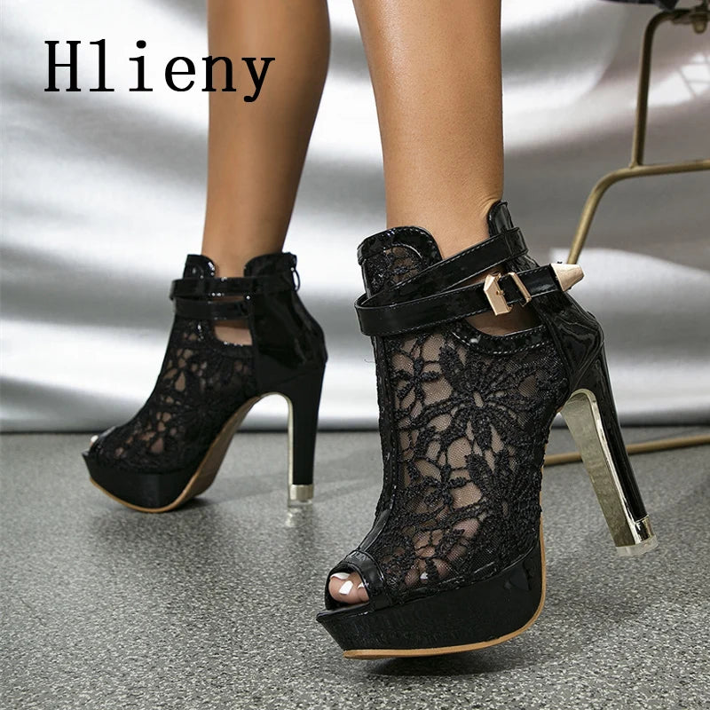 Hlieny Autumn Sexy Mesh Fabric Platform High Heels Boots Sandals Women