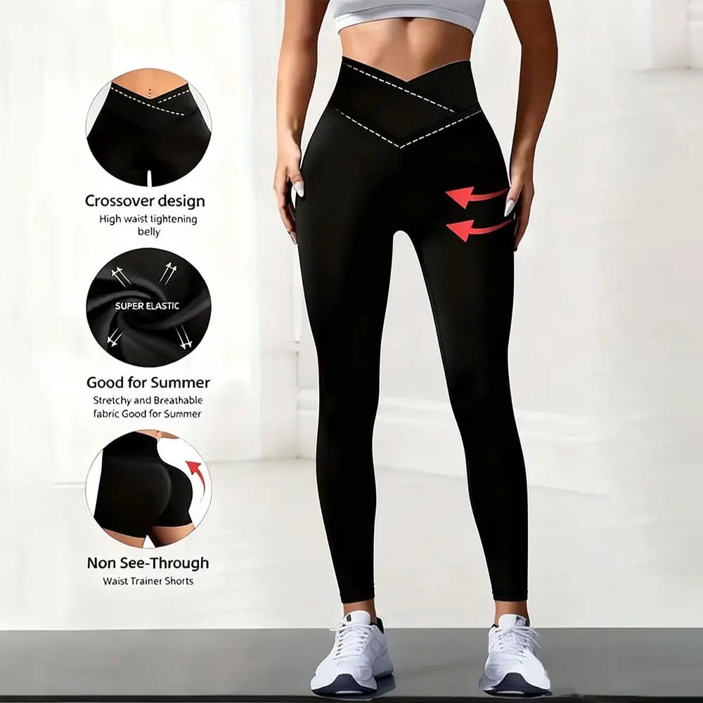 Solid Color Front Cross Waist Sports Pants Elastic Breathable Yoga