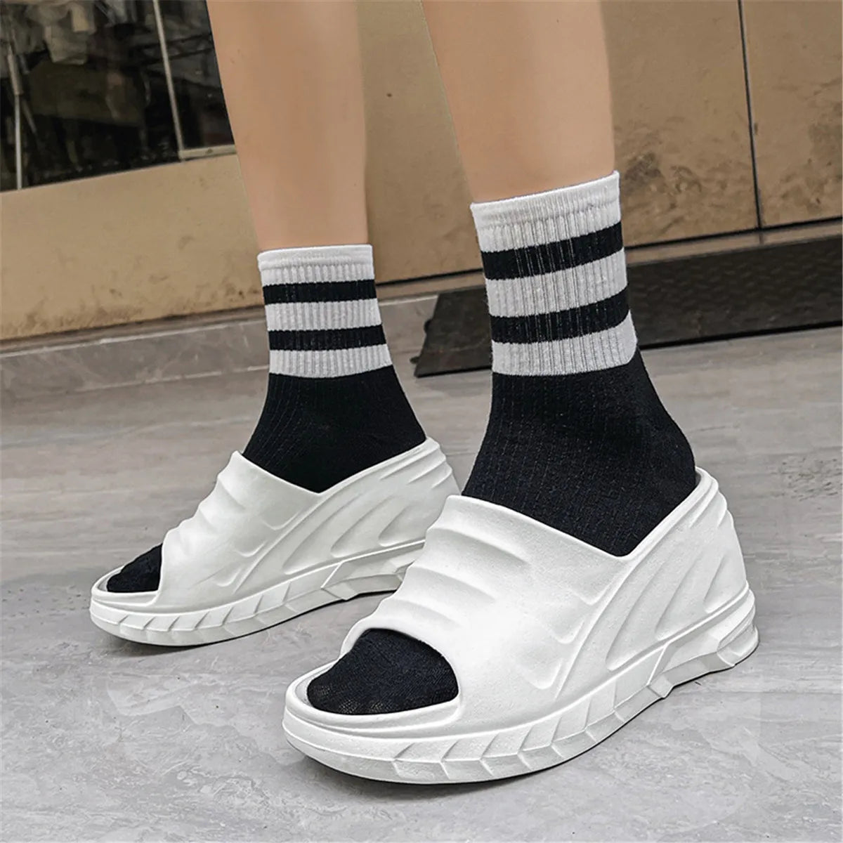 Women Fashion Summer 8 cm Chunky Sole Wedges Heels Flip Flops Casual
