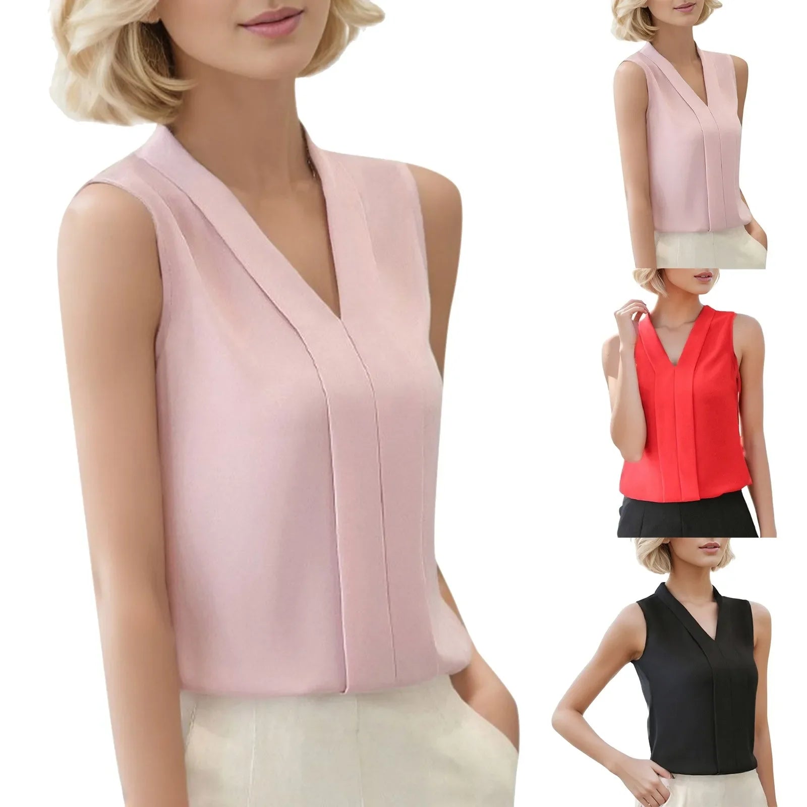 Elegant V Neck Satin Blouse for Women - Sleeveless Casual Office Shirt
