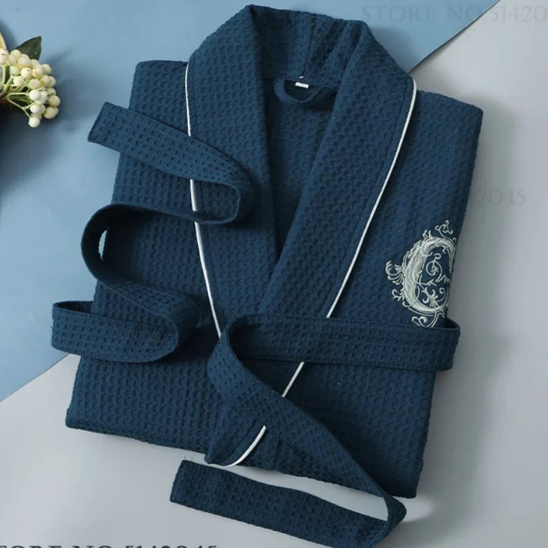 Waffle 100% Cotton Sleepwear Hotel Embroidery Kimono Bathrobe Gown