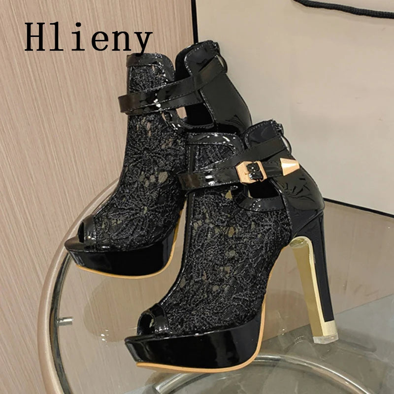 Hlieny Autumn Sexy Mesh Fabric Platform High Heels Boots Sandals Women