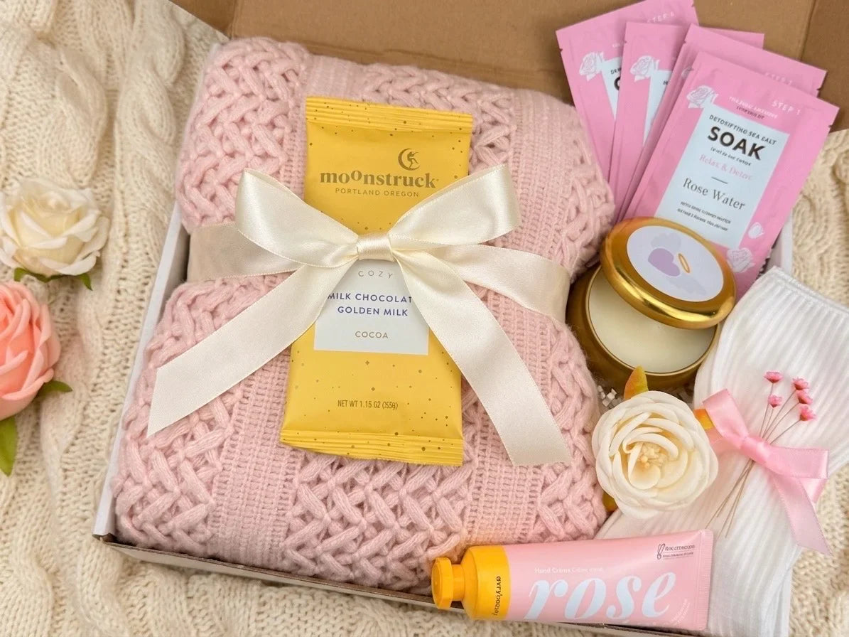 Self Care Gift Baskets for Women – Spa Box with Blanket, Candle, Socks & Pedicure Kit