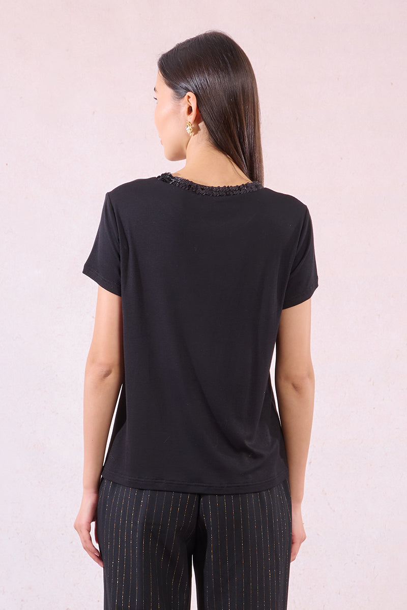 Sequin Collar Short Sleeve Top