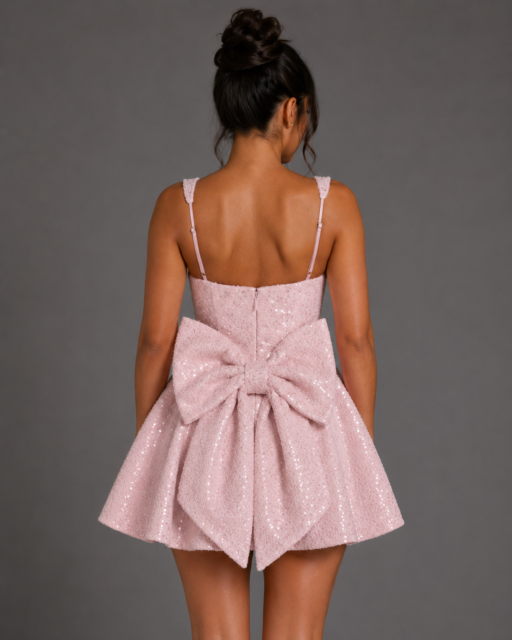 Sequin Tweed Carrie Mini Dress – Square Neck Structured A-Line Bridal Bow Dress