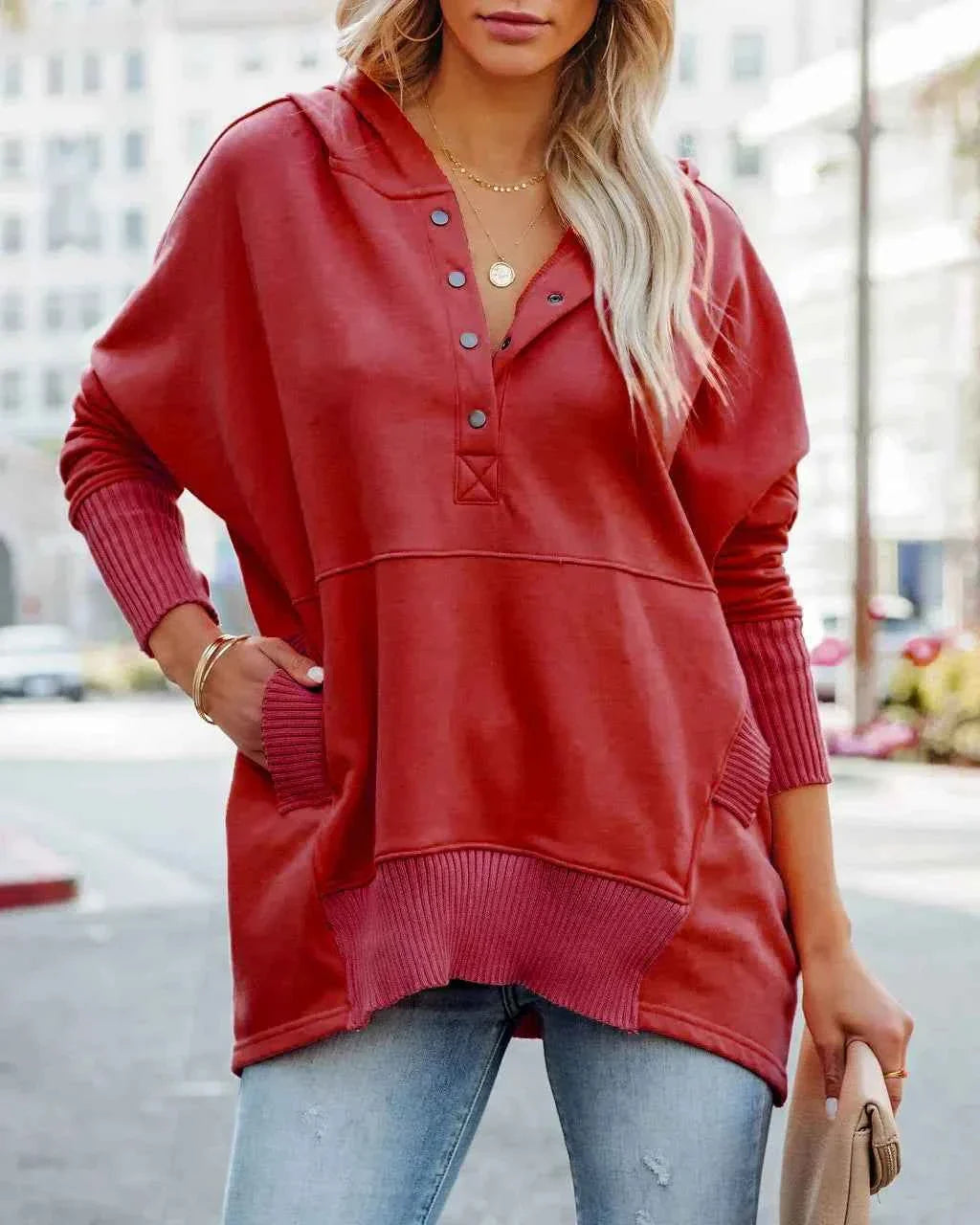 White Hooded Women's Sweatshirt - Casual Batwing Sleeve Pullover