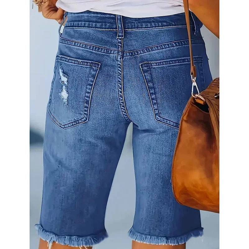 Ripped High-Waist Denim Shorts