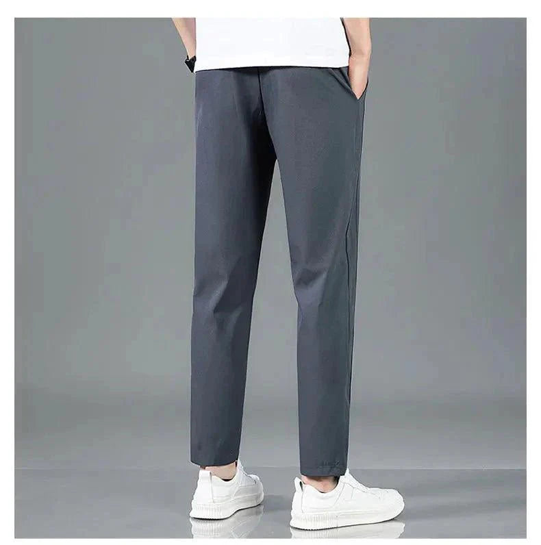 Ice Silk Men's Pants 2025 Summer New Black Gray Thin Business Casual Pants Outdoor Elastic Breathable Straight Leg Sweatpants