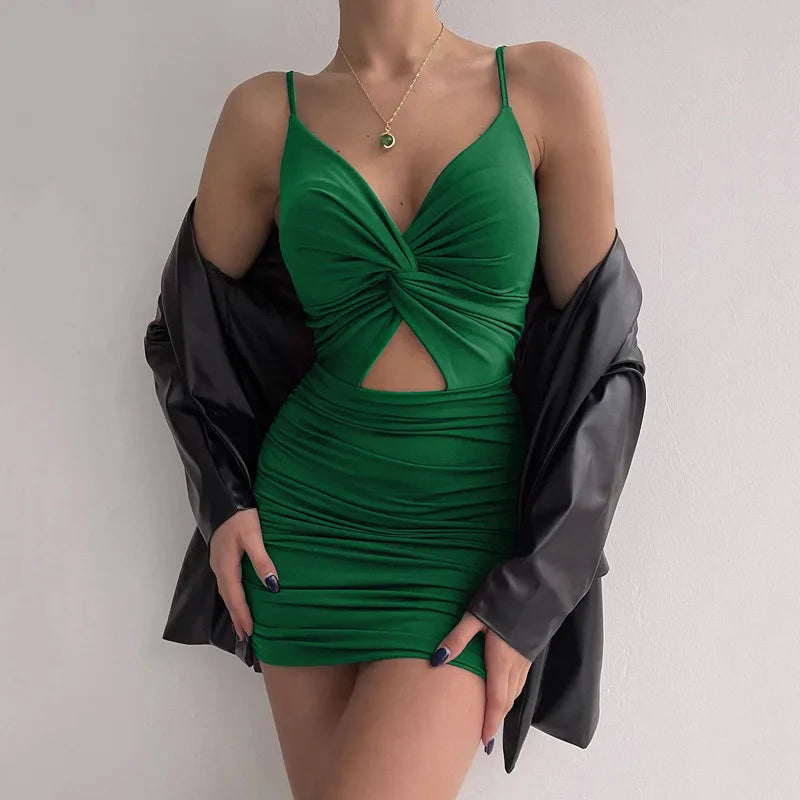 2022 Sexy Spaghetti Strap Bodycon Dress Women Backless Folds Wrap Hip Dresses Female Causal Streetwear Slim Dress Vestidos Robes