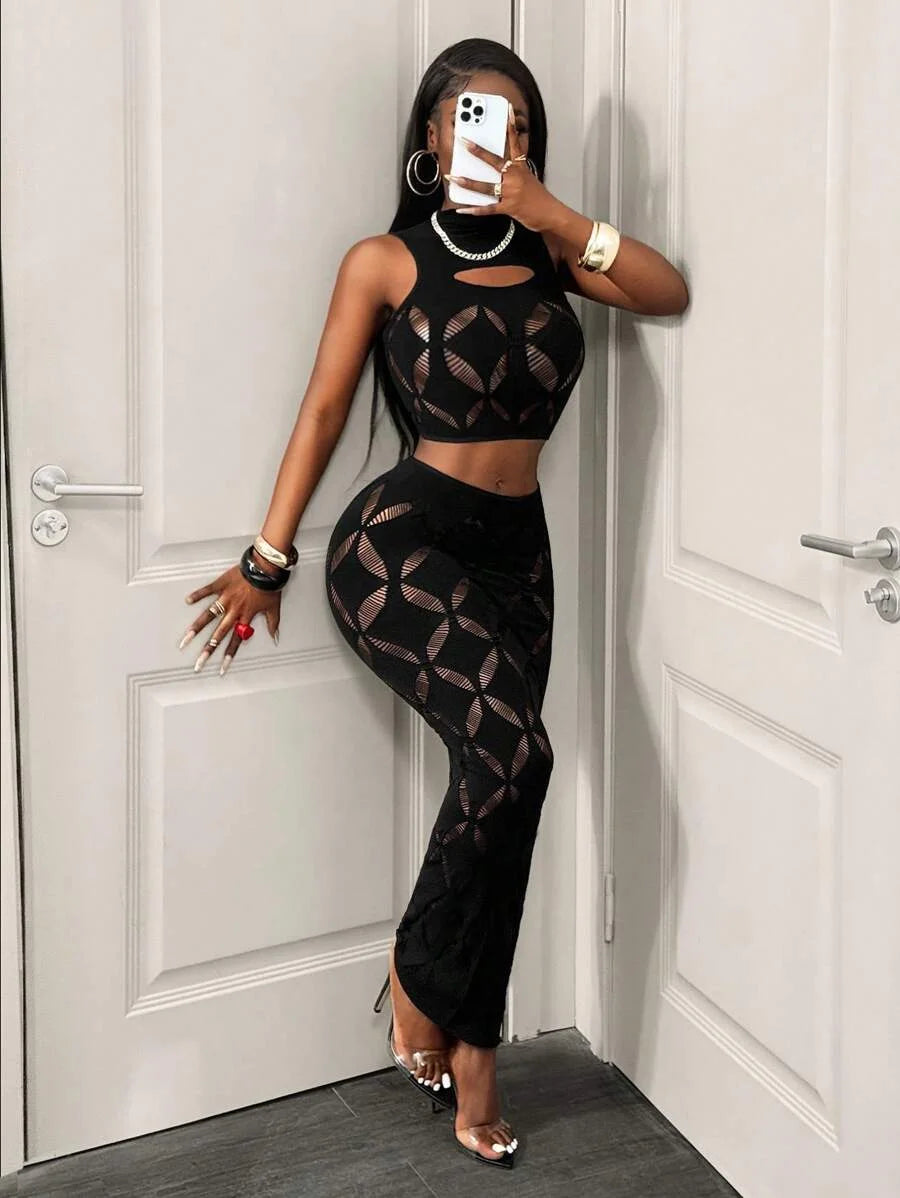 FHSEER Plus Size 2PCS Women's Sexy Set See Through Mesh Hollow Out