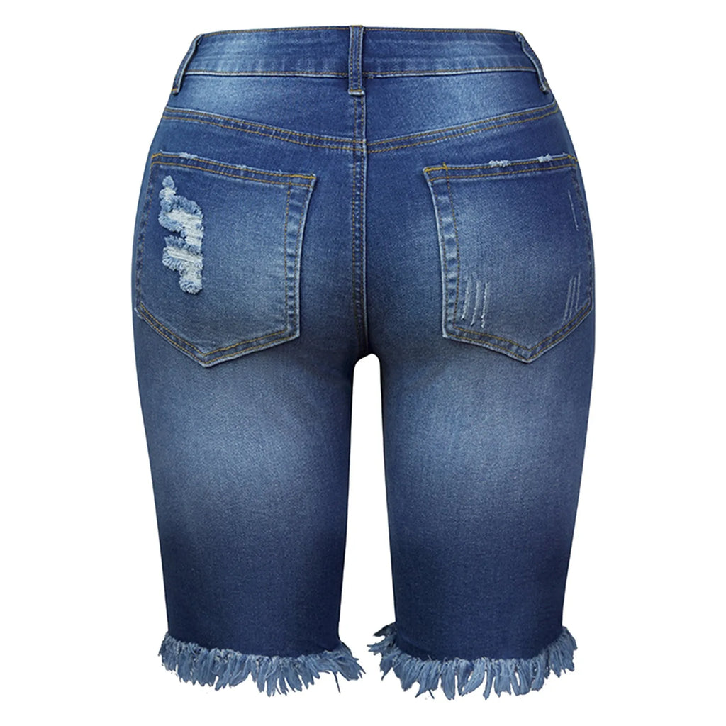 Rhinestone Denim Shorts - Plus Size Frayed Hem