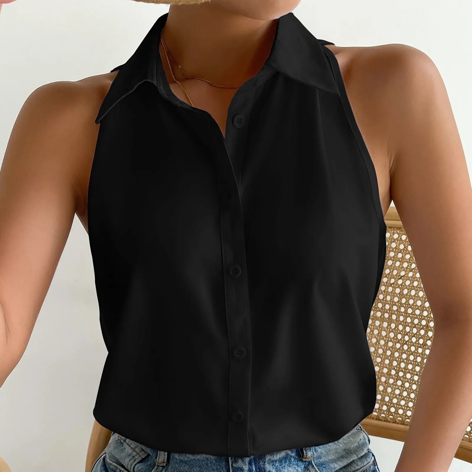 Sleeveless V-Neck Blouse - Button-Down Chiffon Tank Top