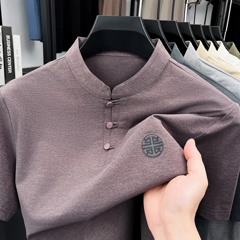 Mens Big And Tall Stand Collar Henley Shirt Short Sleeve Loose Fit