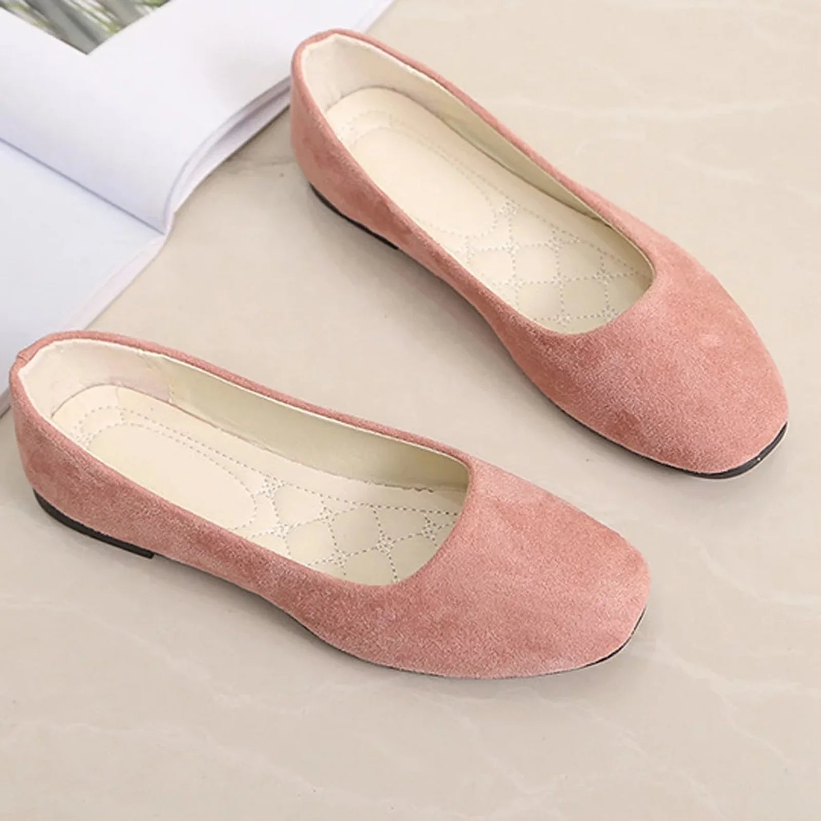 2025 Women Suede Square Flat Heel Shallow Female Shoes Spring Summer