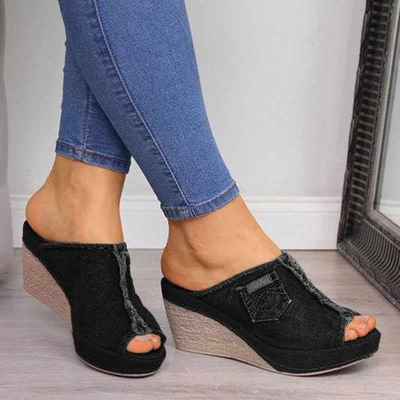 Women Shoes Summer New Cowboy Slippers Fashion Retro Wedge Platform
