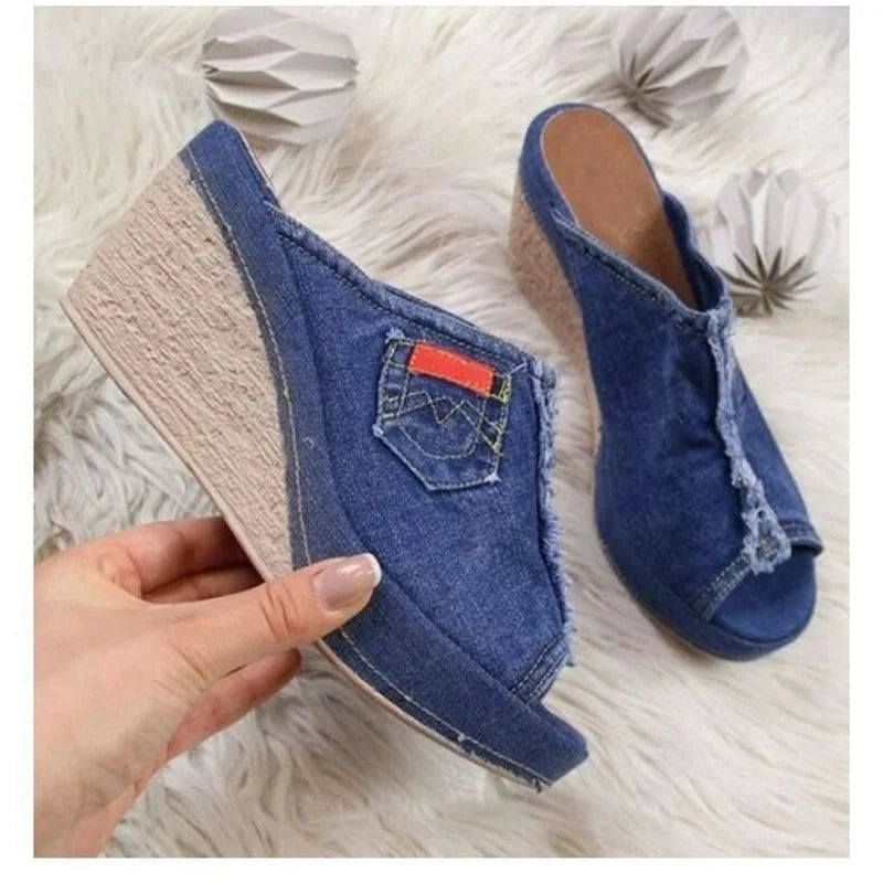 Women Shoes Summer New Cowboy Slippers Fashion Retro Wedge Platform