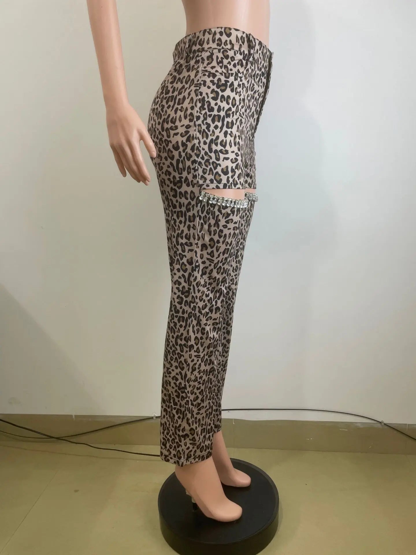 Cutout Crystal Leopard Print High Waist Jeans