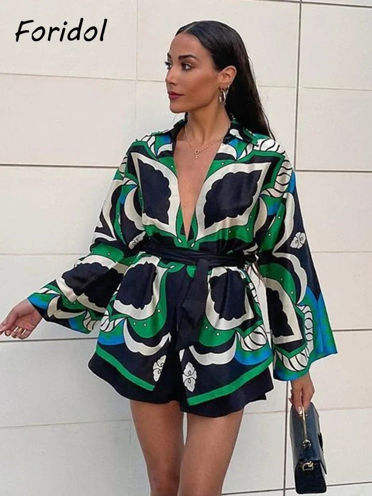 Foridol Oversized Green Print Boho Women Shorts Sets Shirts Shorts Pants Three Pieces Fashion Suits Matching Sets 2025 Summer