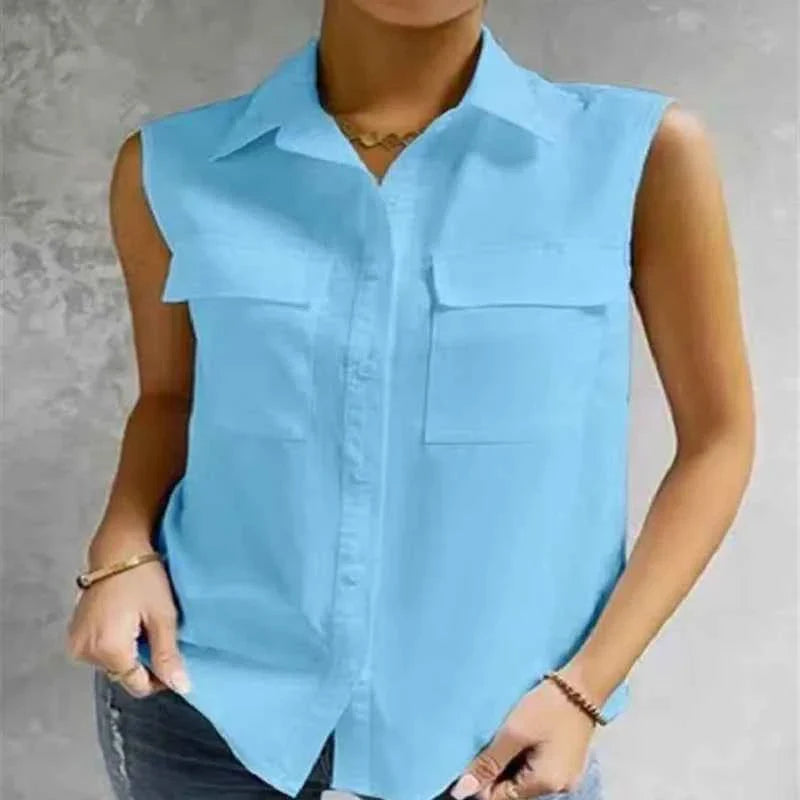 Sleeveless Lapel Shirt - Solid Color with Pockets
